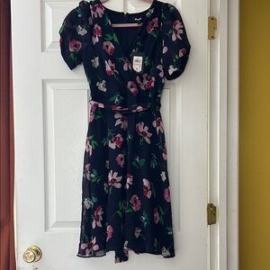 DKNY Black Midi Dress with Pink and White Floral Design